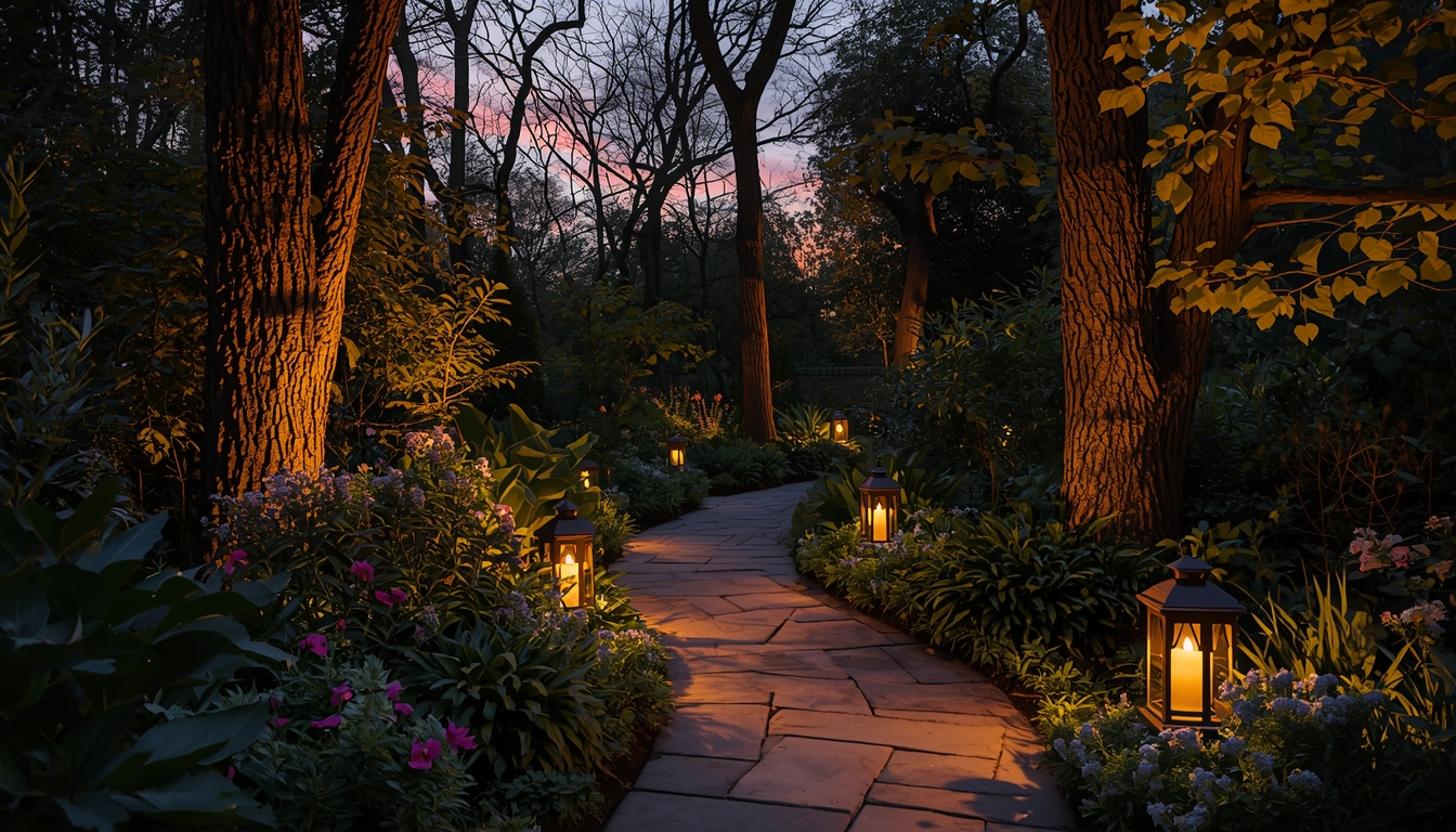 Garden path lighting at dusk by Antiradiantar